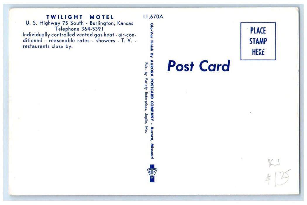c1950's Twilight Motel Roadside Burlington Kansas KS Unposted Vintage Postcard