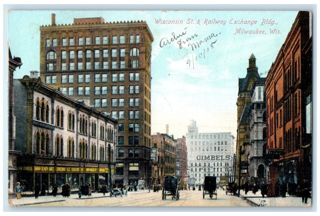 1908 Wisconsin St. & Railway Exchange Bldg. Milwaukee Wisconsin WI Postcard