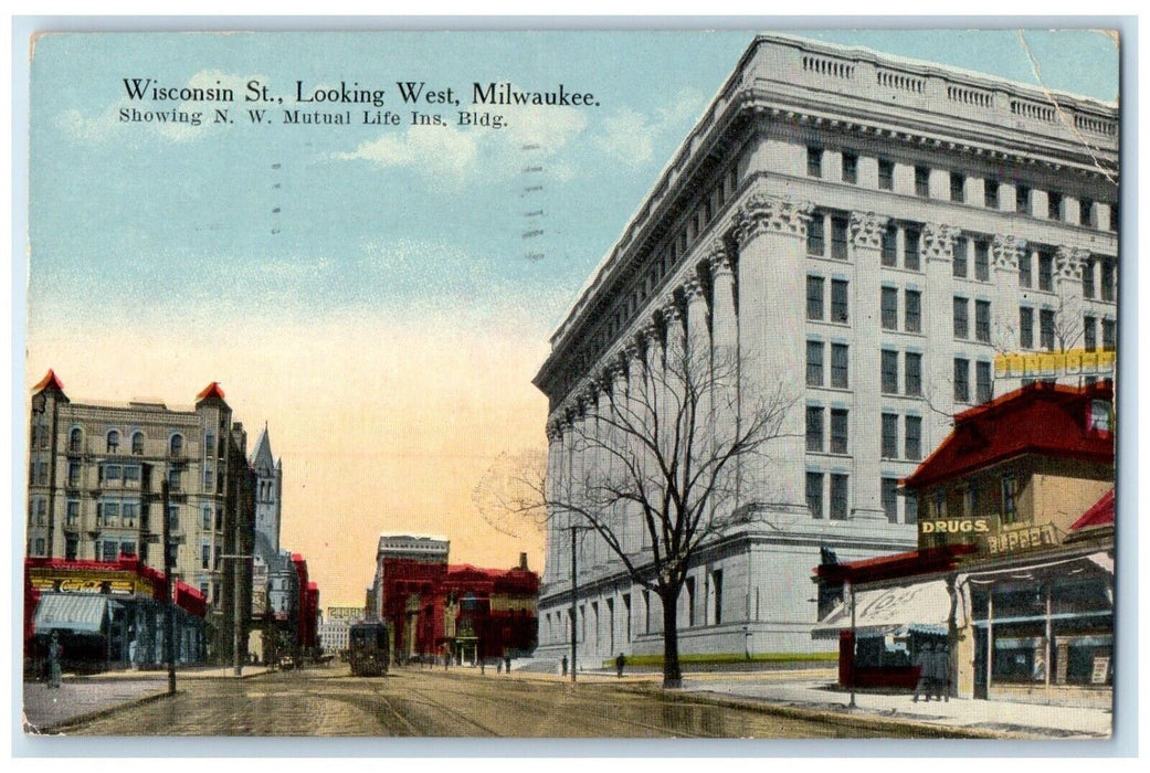 1916 Wisconsin St. Looking West Trolley Milwaukee Wisconsin WI Antique Postcard