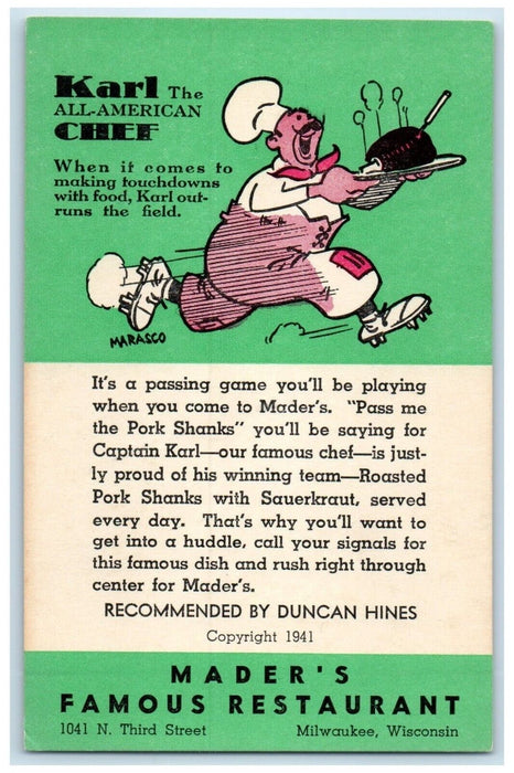 Mader's Famous Restaurant Karl The American Chef Milwaukee Wisconsin WI Postcard