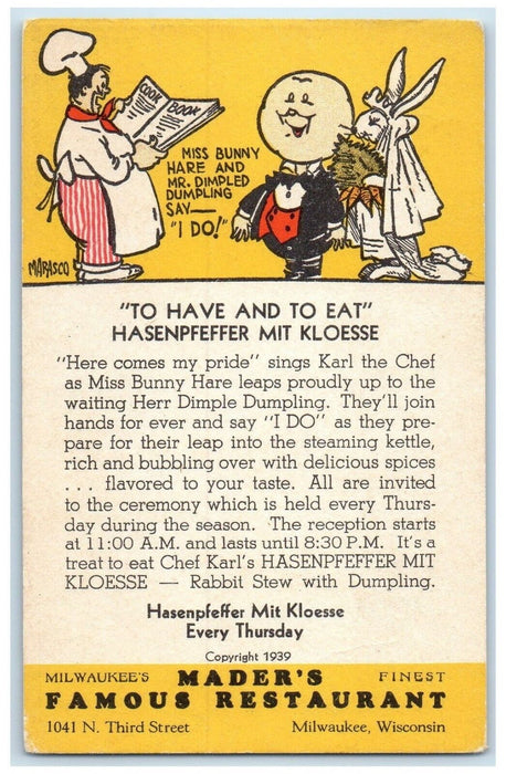 Mader's Famous Restaurant Karl Chef Miss Bunny Hare Milwaukee WI Postcard
