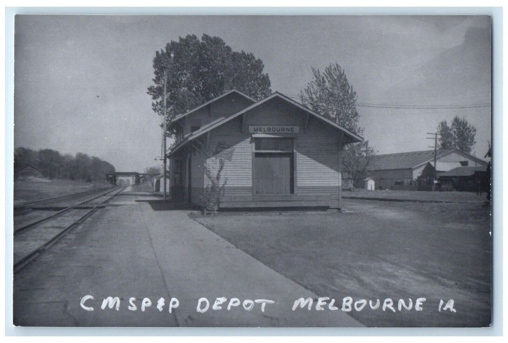 c1960 CMSP&P Melbourne Iowa IA Railroad Train Depot Station RPPC Photo Postcard