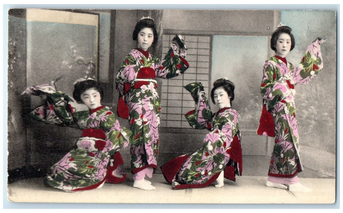 1911 Young Japan Geisha Girl Children Traditional Dress Possing Antique Postcard