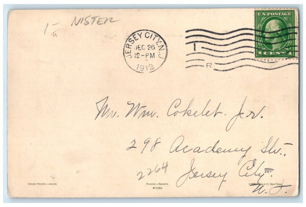 1912 Merry Christmas Working Man Parrot Mistletoe Jersey City NJ Posted Postcard