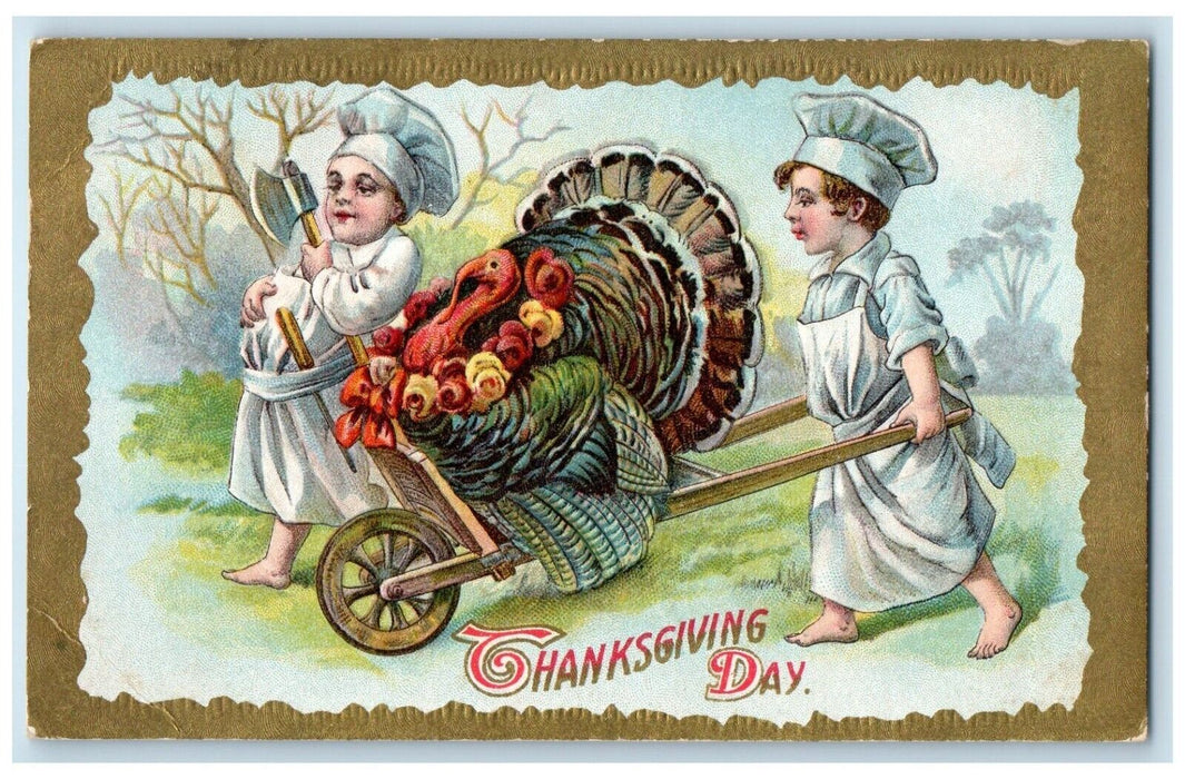 1911 Thanksgiving Day Boys Chef Pushing Cart With Turkey Rockford Iowa Postcard