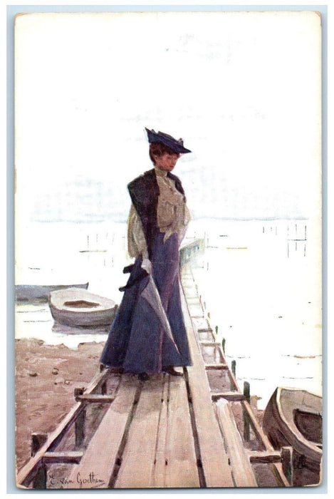 c1910's Pretty Woman With Umbrella Boat Seaside Tuck's Unposted Antique Postcard