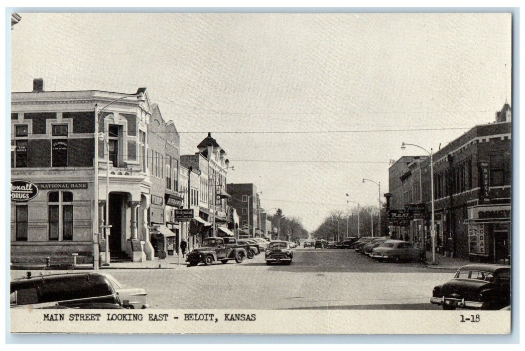 c1940 Main Street Exterior Classic Cars Looking East Beloit Kansas KS Postcard