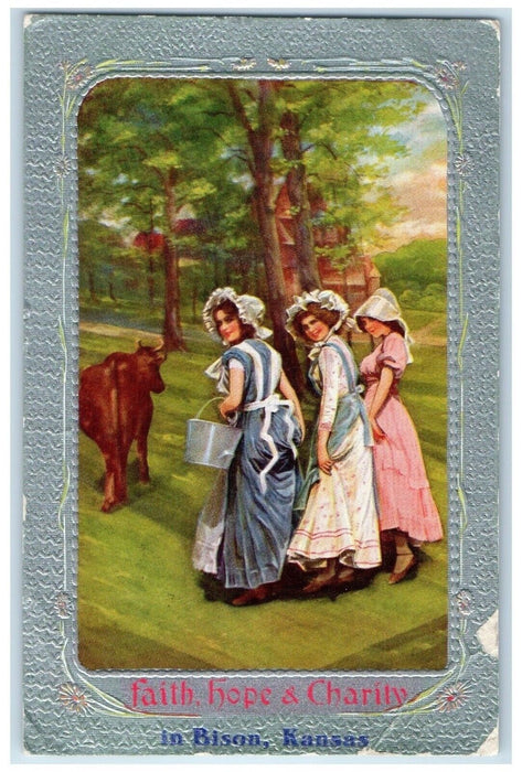 1912 Faith Hope Charity Frame Cow Women Bison Kansas KS Vintage Antique Postcard