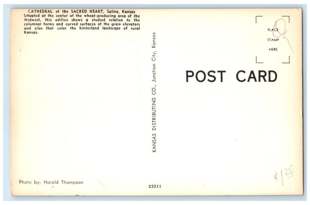 c1960 Cathedral Sacred Heart Midwest Exterior Building Salina Kansas KS Postcard