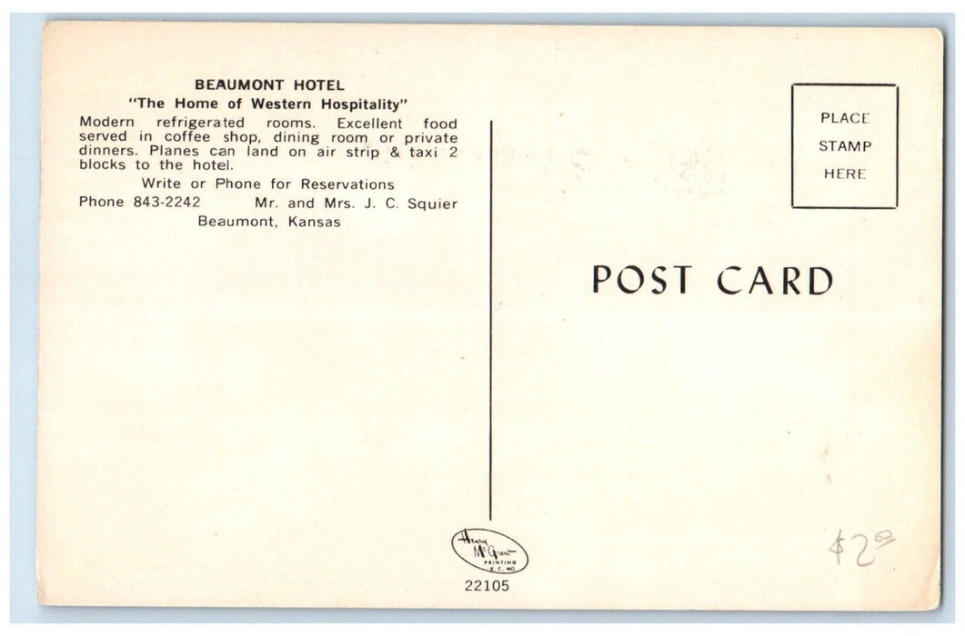 c1960 Beaumont Hotel Home Western Hospitality Building Kansas Vintage Postcard