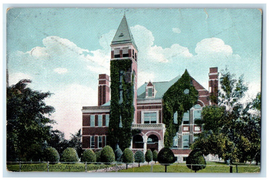 1907 Atchison County High School Exterior Building Effingham Kansas KS Postcard