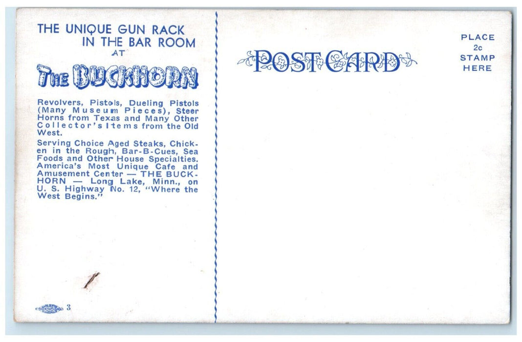 c1940 Unique Gun Rack Bar Room Buckhorn Pistols Long Lake Minnesota MN Postcard