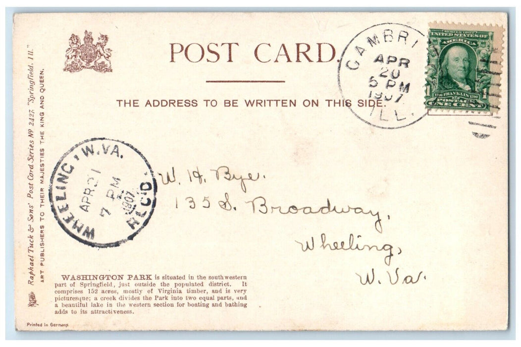 1907 Washington Park Lake Ducks Springfield Illinois IL Tuck's Antique Postcard