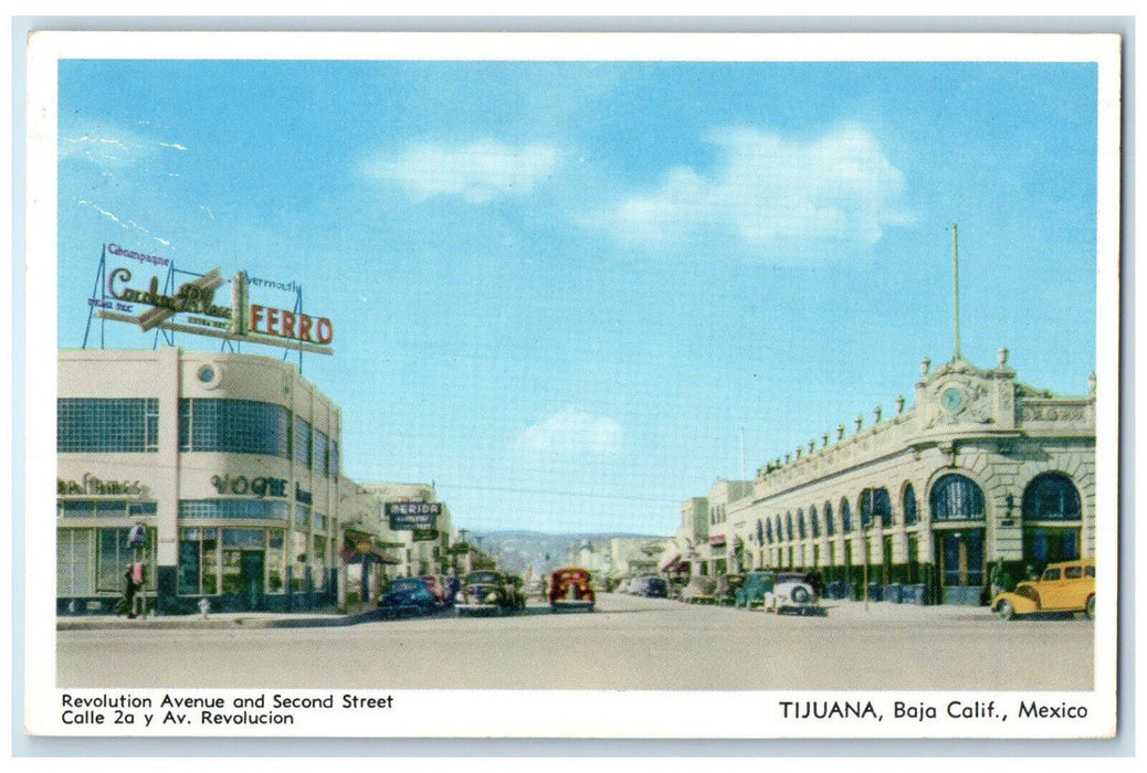 c1930's Second Street Revolution Avenue Tijuana Baja California Mexico Postcard