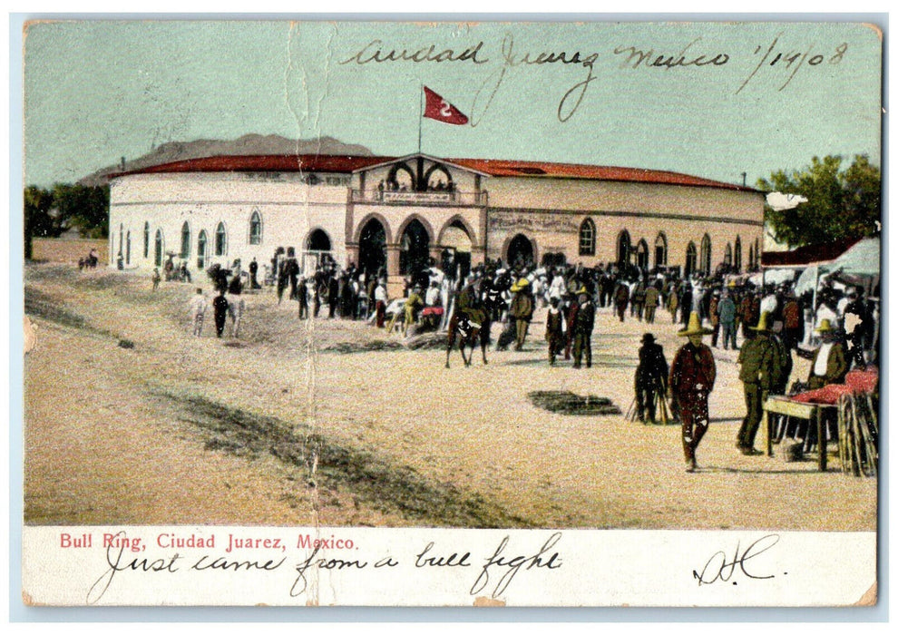 1908 Bull Ring Ciudad Juarez Mexico Flag Stadium Entrance Antique Postcard