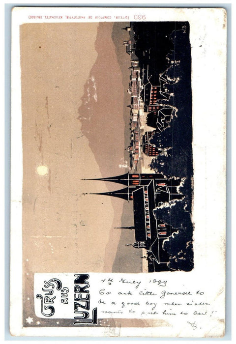 1899 Greetings from Lucerne Switzerland Moonlight Towers Posted Postcard