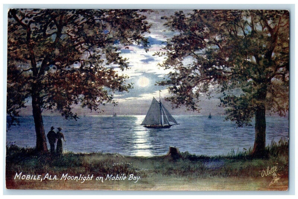 Moonlight On Mobile Bay Sailboat Mobile Alabama AL Oilette Tuck's Postcard