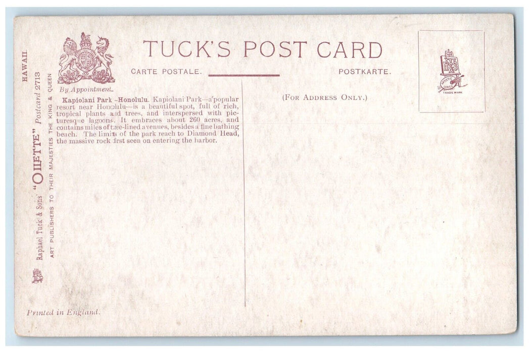 c1910's Honolulu Kapiolani Park Palm Trees Hawaii HI Tuck's Antique Postcard