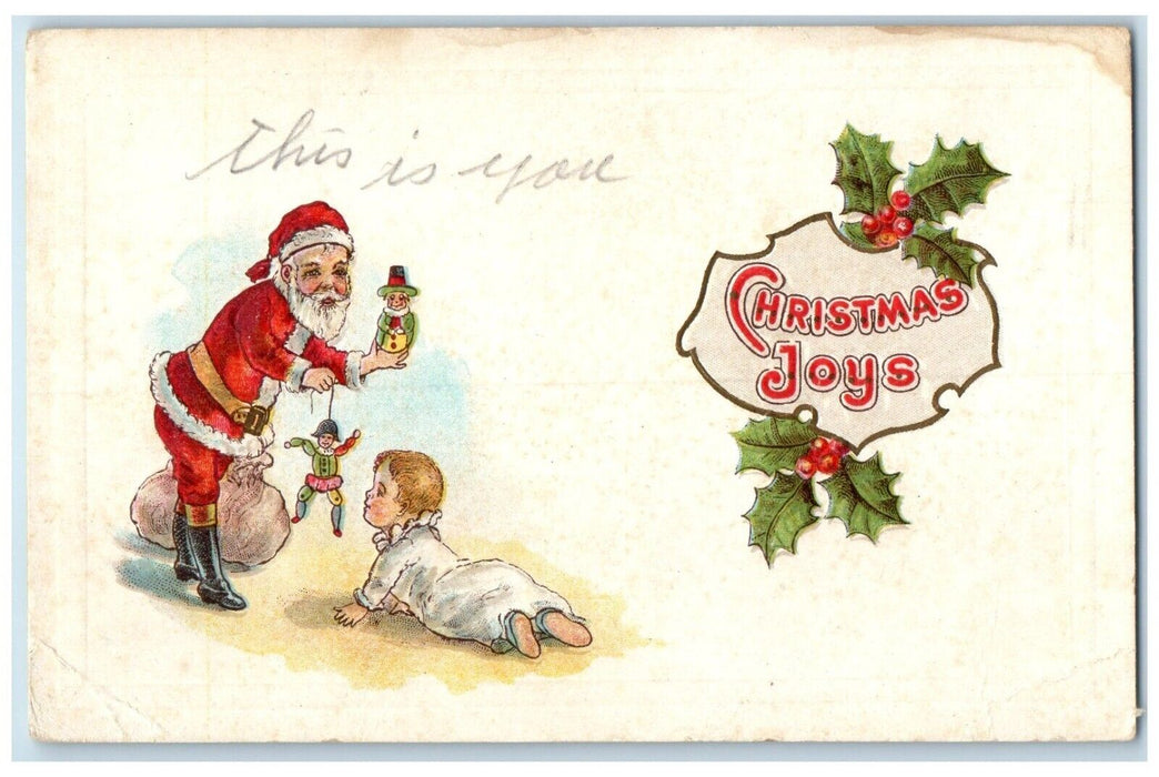c1910's Christmas Joys Santa Claus Crawling Baby With Toys Antique Postcard