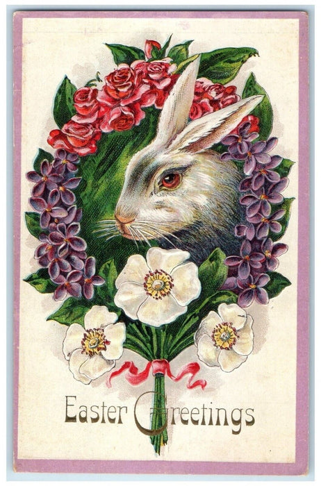 c1910's Easter Greetings Rabbit And Flowers Embossed Posted Antique Postcard