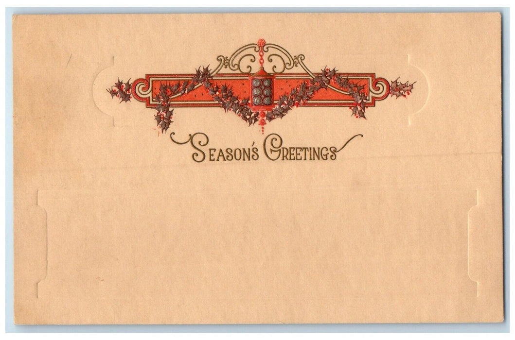 c1905 Season's Greetings Holly Berries Minimalist Embossed Antique Postcard