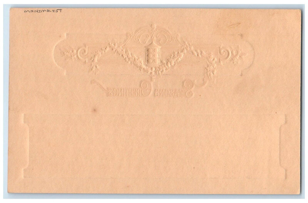 c1905 Season's Greetings Holly Berries Minimalist Embossed Antique Postcard