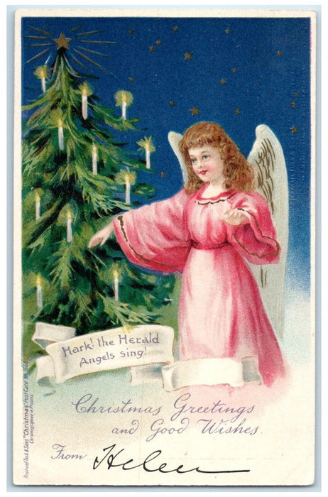 c1905 Christmas Greetings Angel Christmas Tree Candle Lights Tuck's Postcard