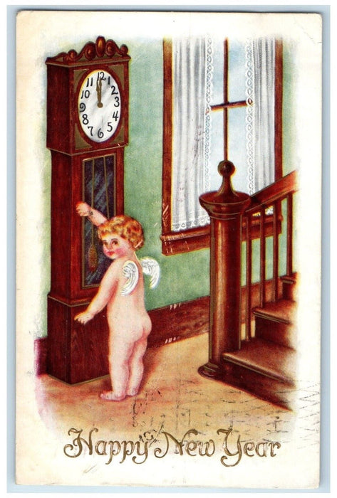 1911 New Year Angel Bare Butt Ringing Clock Embossed Defiance Ohio OH Postcard