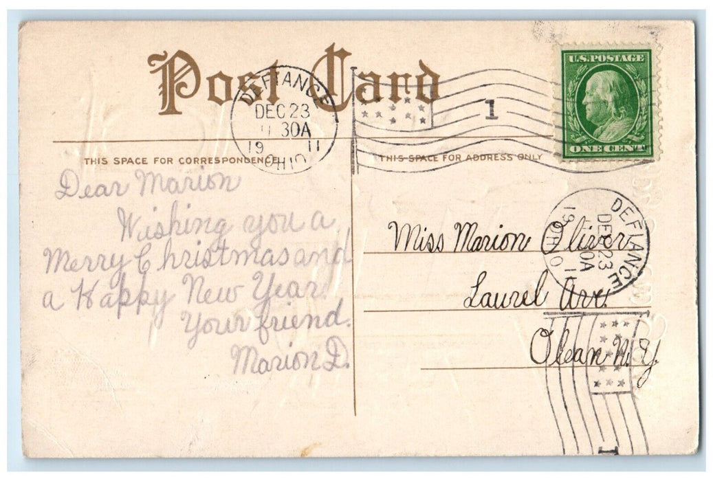 1911 New Year Angel Bare Butt Ringing Clock Embossed Defiance Ohio OH Postcard