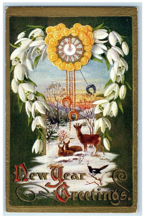 1912 New Year Greetings Deer Horseshoe Clock Flowers Olean New York NY Postcard