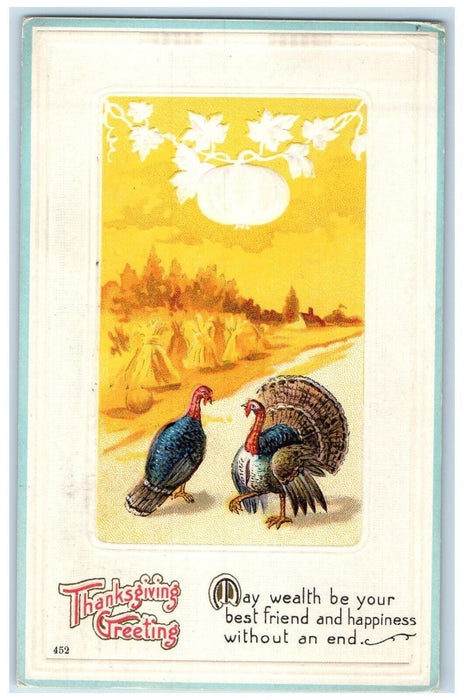 1914 Thanksgiving Greetings Turkey Pumpkin Embossed Fort Wayne Indiana Postcard