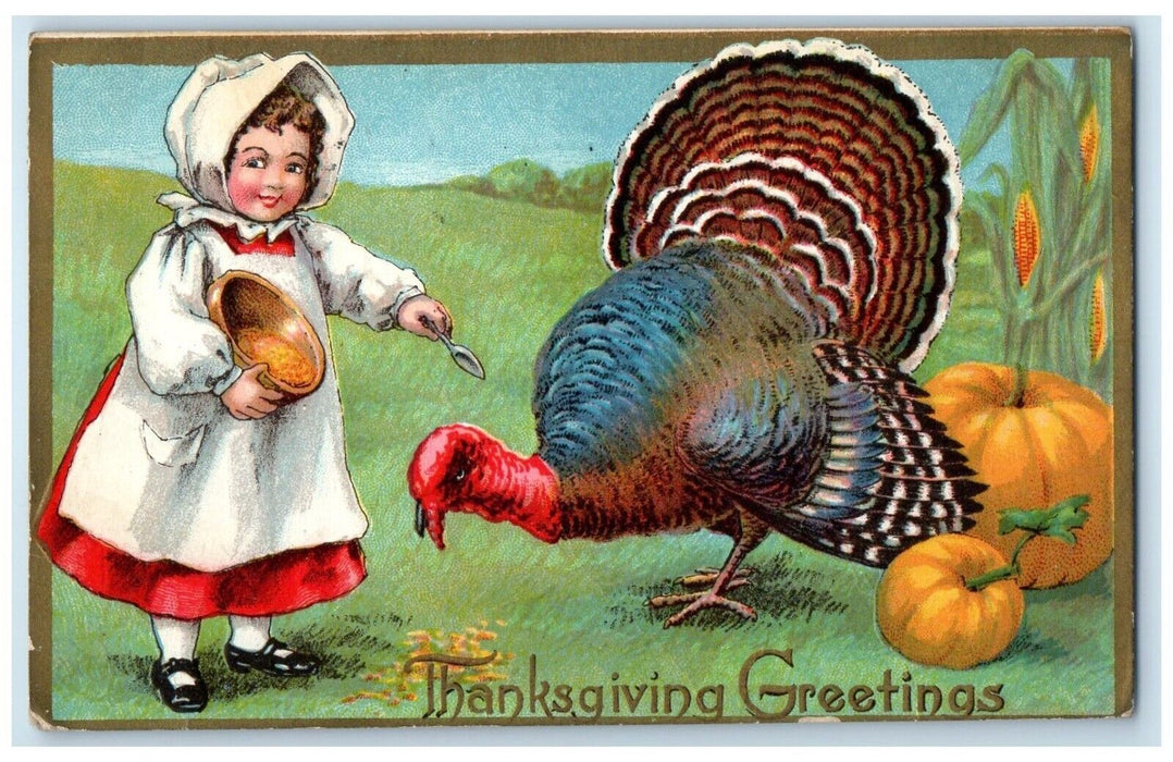 1909 Thanksgiving Greetings Girl Feeding Turkey Pumpkin Jamestown NY Postcard