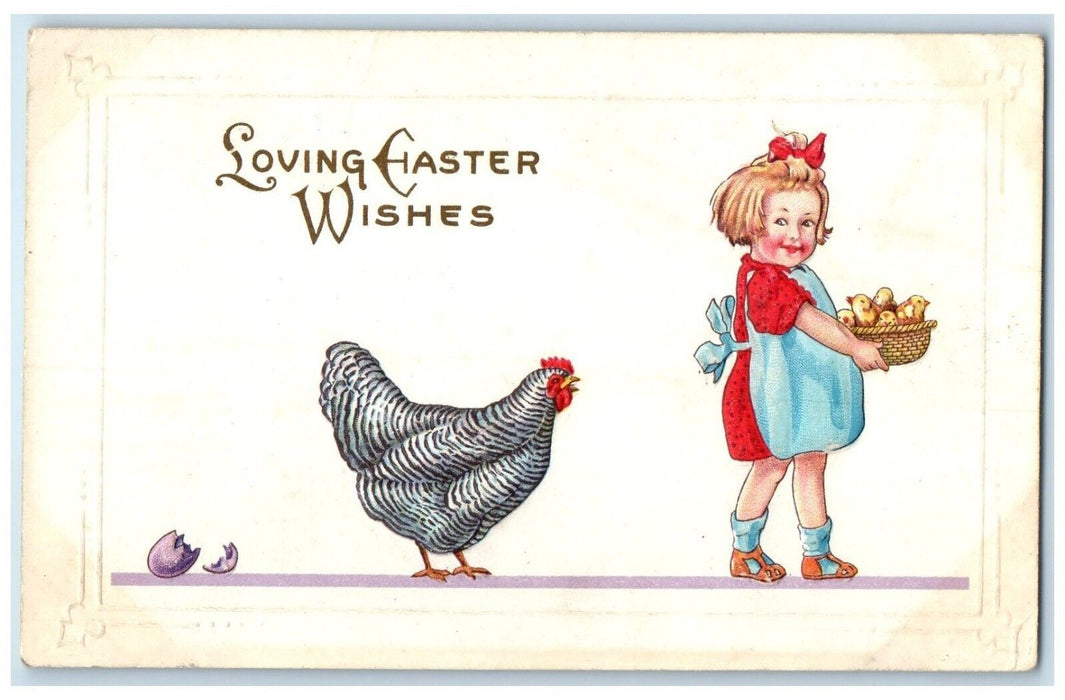 c1910's Easter Wishes Little Girl With Baby Chicks In Basket Embossed Postcard