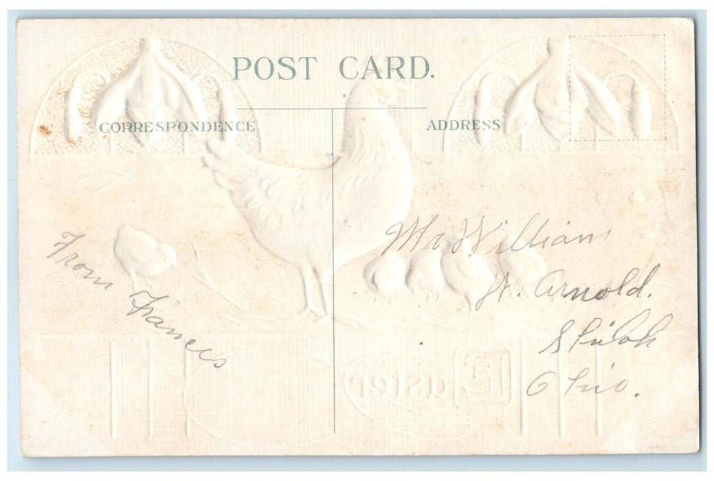 c1910's Easter Chicken Hen Baby Chicks Flowers Embossed Posted Antique Postcard
