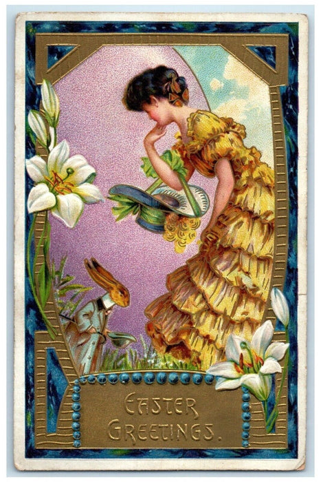 1911 Easter Greetings Woman Flowers Anthropomorphic Rabbit Antique Postcard