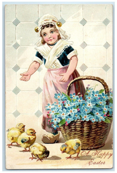 Easter Dutch Girl Flowers In Basket Baby Chicks Embossed Tuck's Antique Postcard