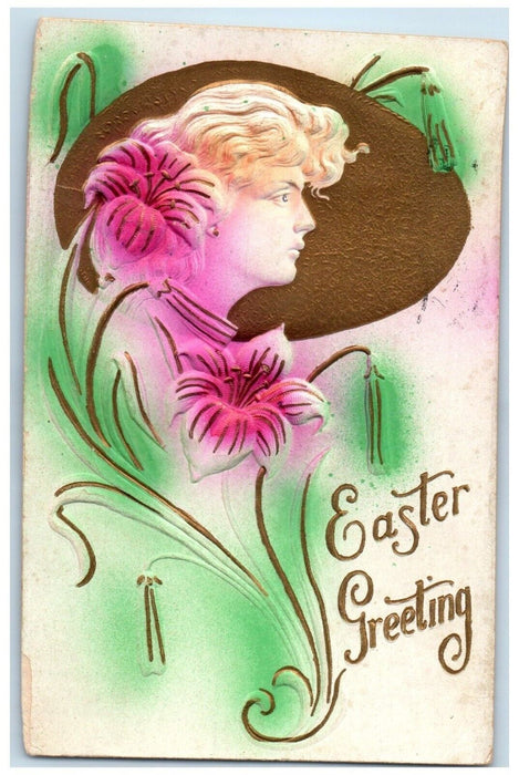 1912 Easter Greetings Pretty Woman Egg Flowers Airbrushed Ottawa OH Postcard