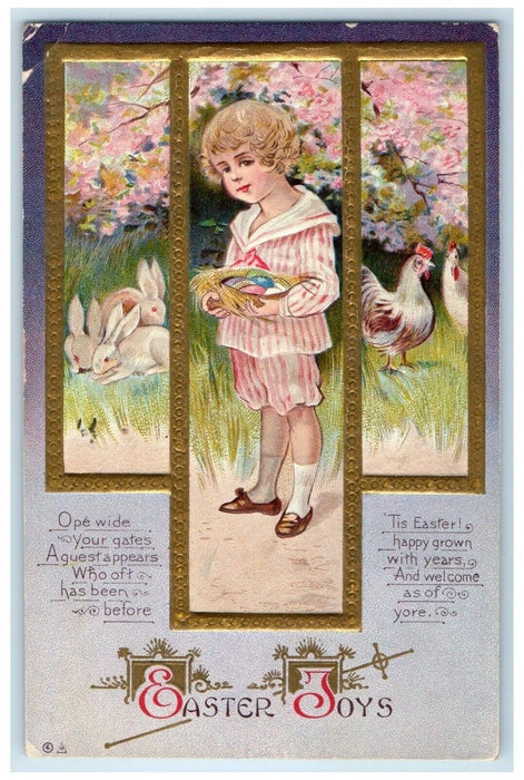 c1910's Easter Boy Holding Eggs Bunnies Chicken Hen Nash Carnegie PA Postcard