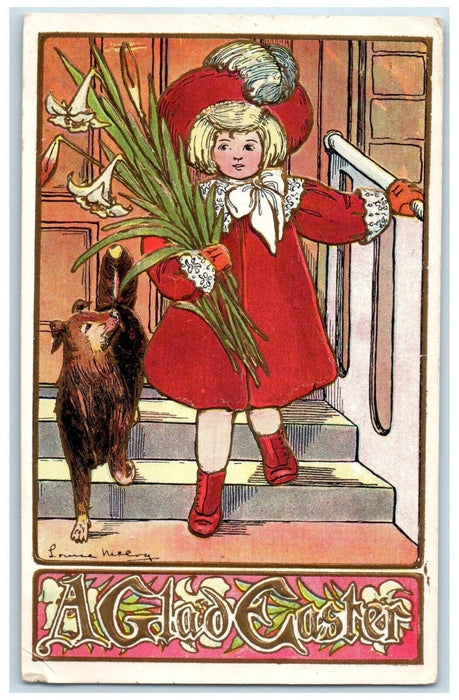 1909 Easter Girl Holding Lily Flowers Dog Spencer Ohio OH Embossed Postcard