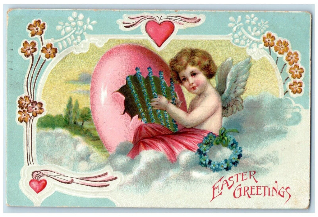 1909 Easter Greetings Angel Hatched Egg Flowers Hearts Medina Ohio OH Postcard