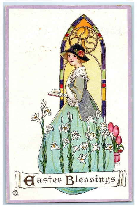 1916 Easter Blessings Pretty Girl Lilies Flowers Embossed Mansfield OH Postcard