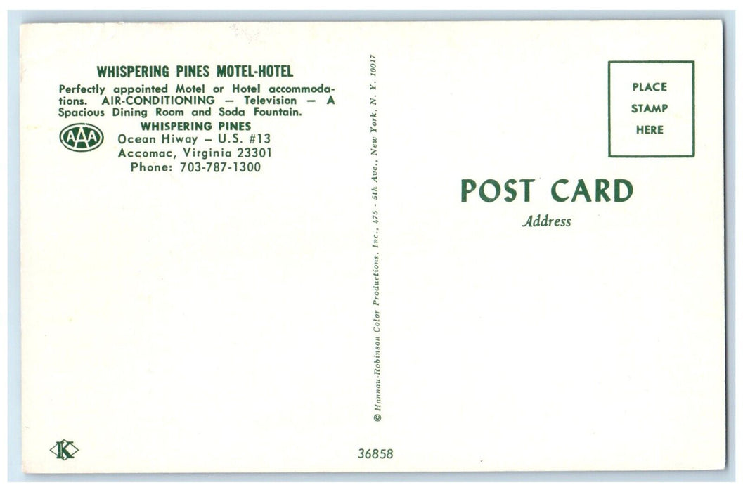 c1960 Roadside Whispering Pines Motel-Hotel Accomac Virginia VA Vintage Postcard