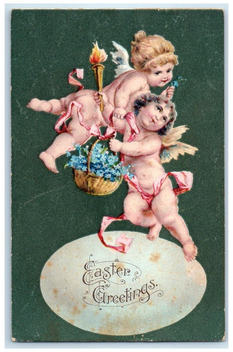 1908 Easter Greetings Little Angels On Top Of Big Egg Basket Flowers Postcard