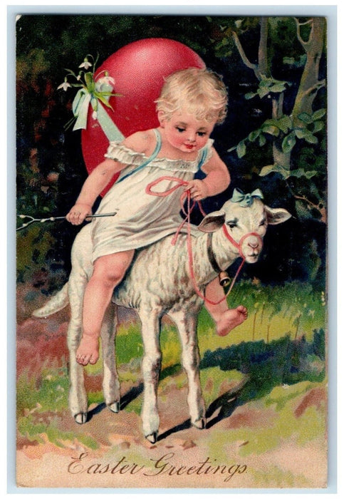 1909 Easter Greetings Little Girl Riding Goat With Egg Mansfield Ohio Postcard