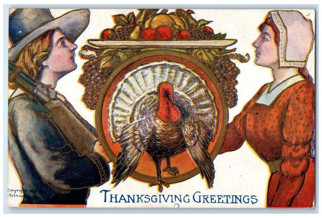 1908 Thanksgiving Greetings Soldier Maid Turkey Embossed Buffalo NY Postcard