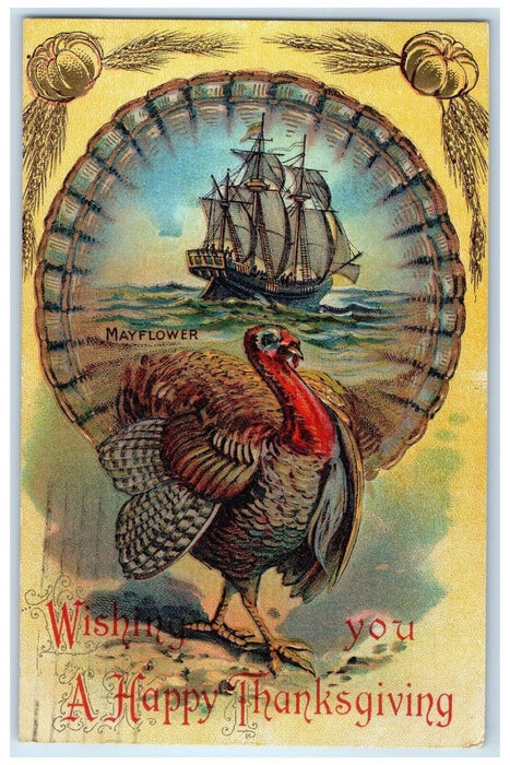 1913 Thanksgiving Turkey Mayflower Schooner Boat Embossed Buffalo NY Postcard