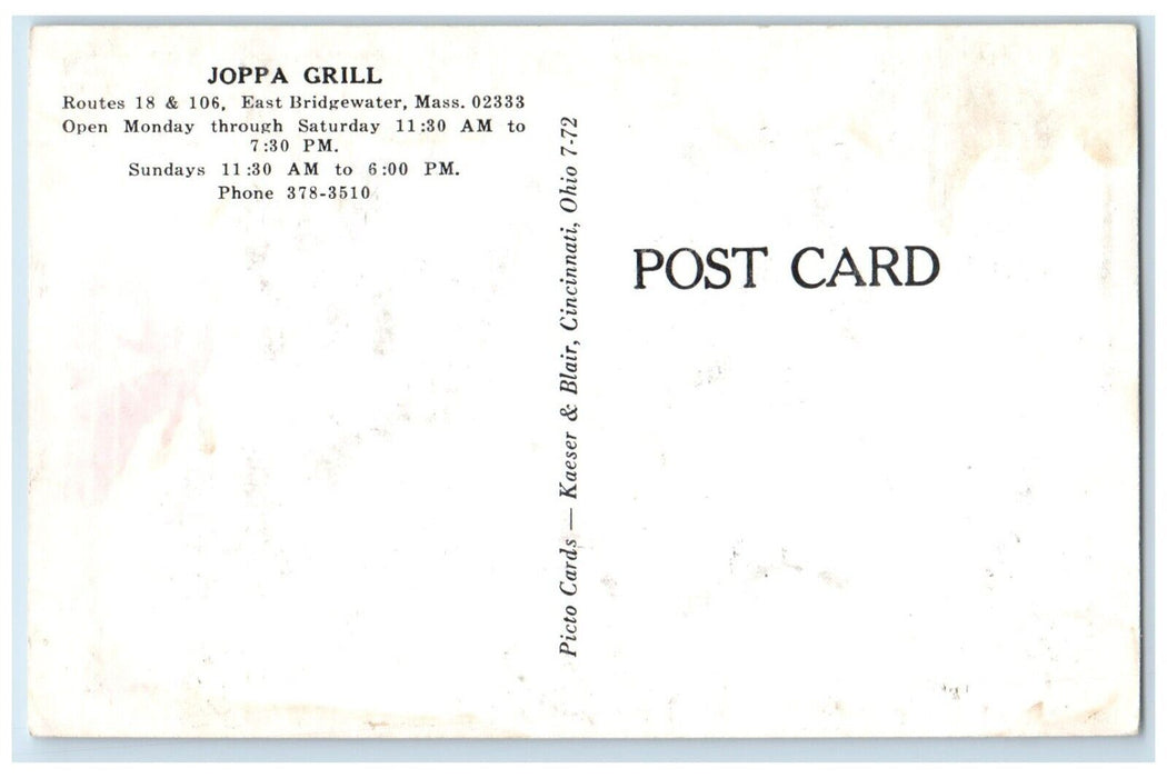 c1940 Exterior View Joppa Grill East Bridgewater Massachusetts Unposted Postcard