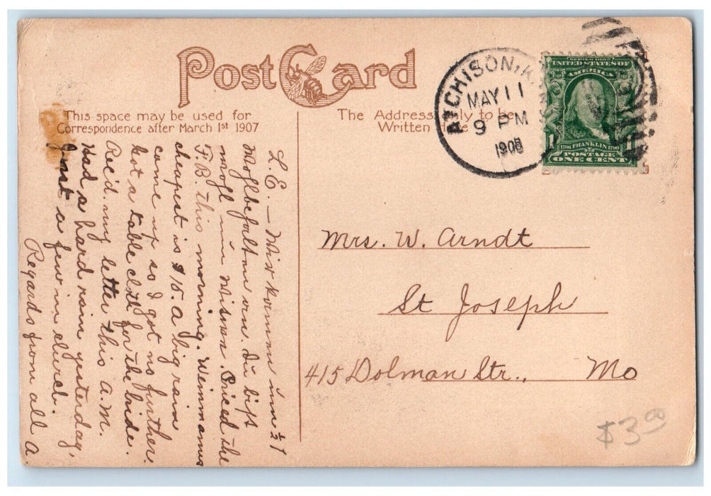 1908 Soldier's Orphans Home Main Building Exterior Atchison Kansas KS Postcard