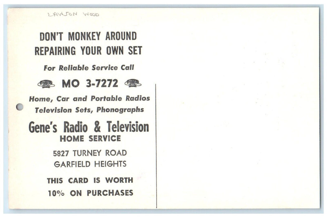 c1960 Gene TV Monkey Lawson Wood Garfield Heights Ohio OH Advertising Postcard