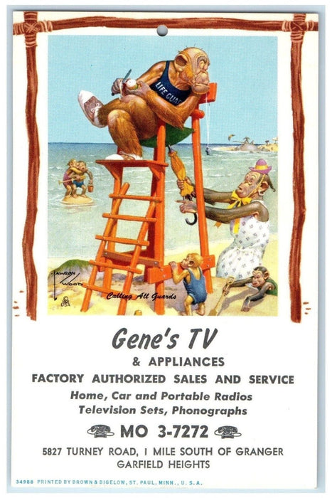 c1960 Gene TV Monkey Radio Turney Lawson Wood Garfield Heights Ohio OH Postcard